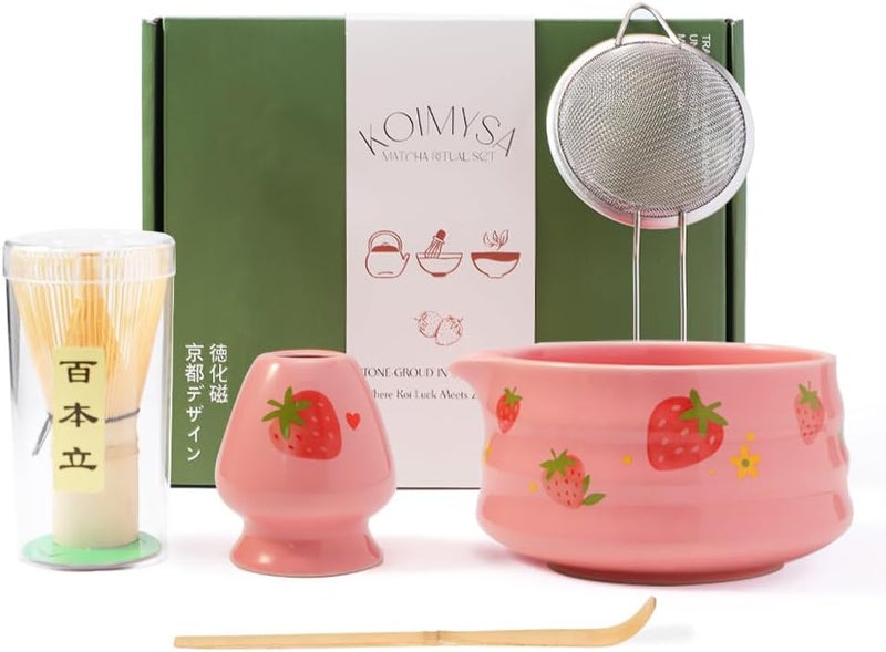 KOIMYSA Pink Strawberry Matcha Set Whisk And Ceremony Bowl, 5 Pcs Ceramic Traditional Matcha Making Kit Gift Set For Women Friends Tea Lover - Image 1